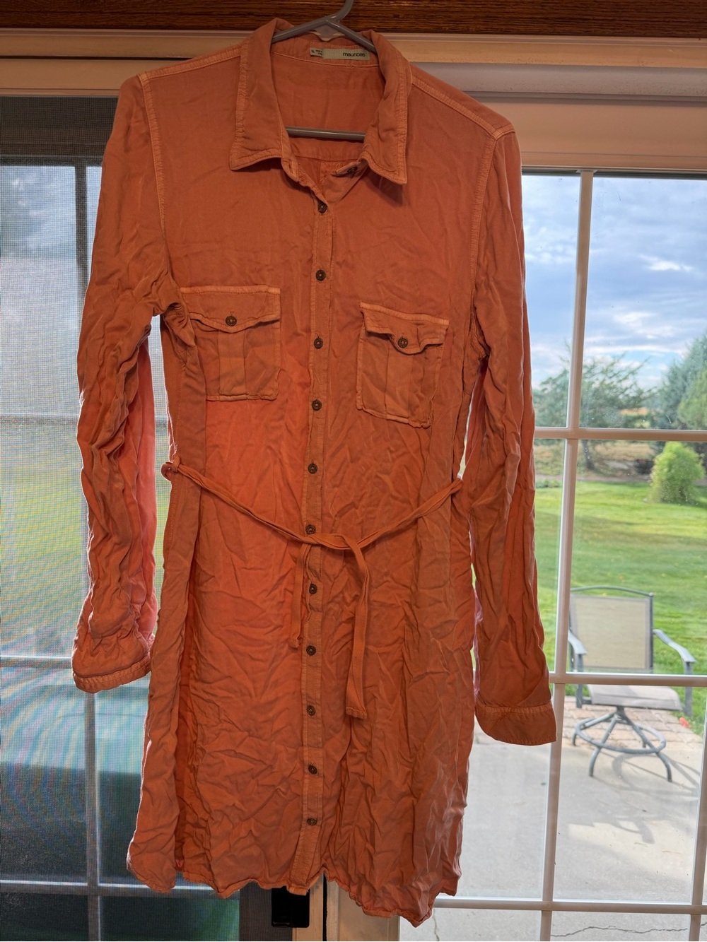 Women’s Long Button-Front Shirt Dress in Coral. Bin 125.